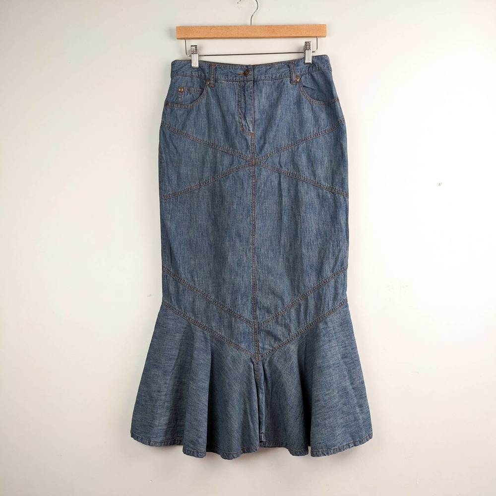 Vintage Y2K Denim Maxi Skirt Lightweight Blue Jean Cotton Mermaid Fishtail 10
